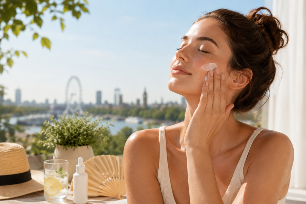 Woman applying moisturiser outdoors on a sunny summer day during a UK heatwave to help keep skin comfortable and hydrated.