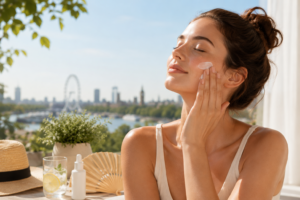 Woman applying moisturiser outdoors on a sunny summer day during a UK heatwave to help keep skin comfortable and hydrated.