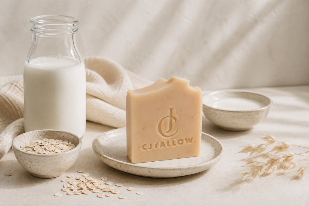 CJTallow Tallow Goat's Milk & Oats Soap with goat's milk and oats in a minimalist natural setting, highlighting a handcrafted cleansing bar made with grass-fed tallow.