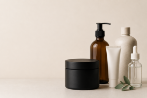 Minimalist skincare packaging featuring a black cosmetic jar, amber bottle, cream tube, ceramic bottle and glass dropper on a neutral background.