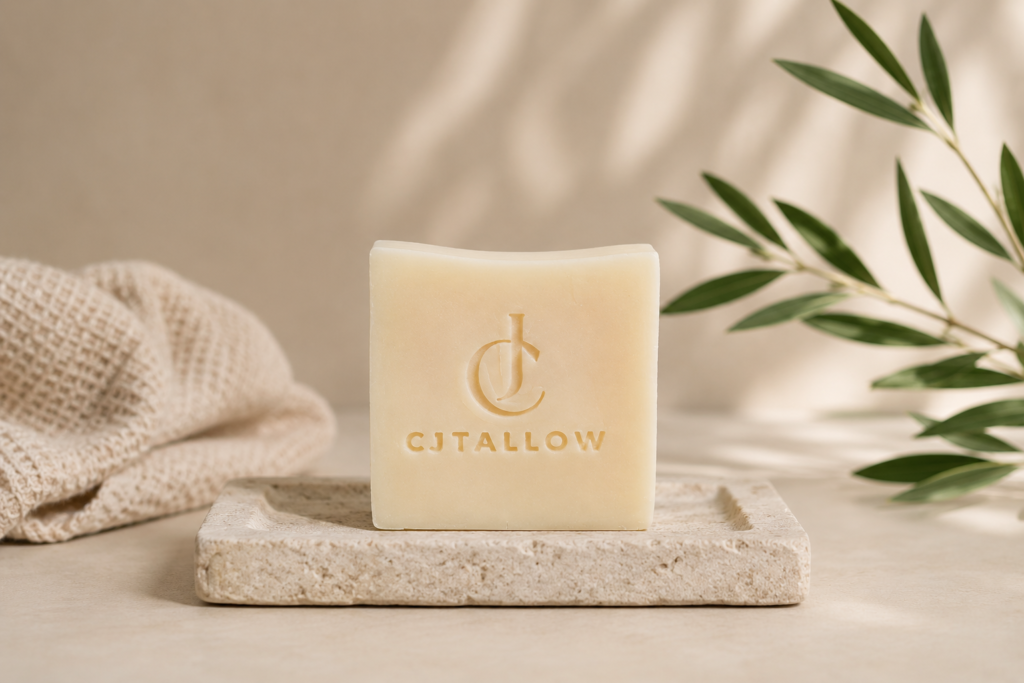 CJTallow Pure Tallow Soap displayed in a minimalist setting on a stone soap dish, handcrafted with certified organic British grass-fed beef tallow.