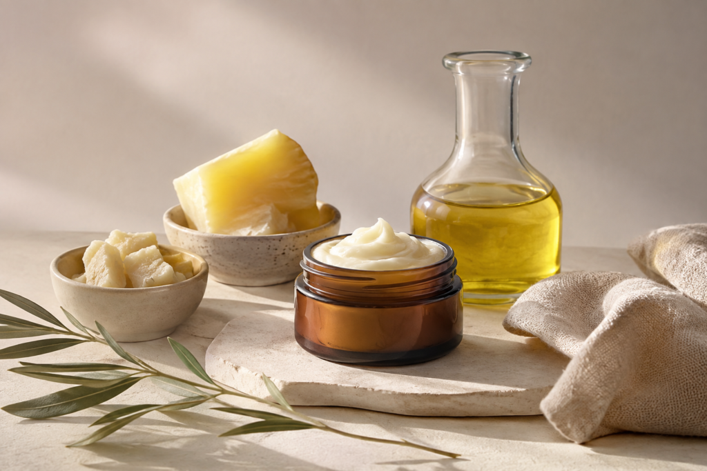 Grass-fed beef tallow skin moisturiser with natural ingredients in a minimalist skincare setting for healthy, nourished skin.
