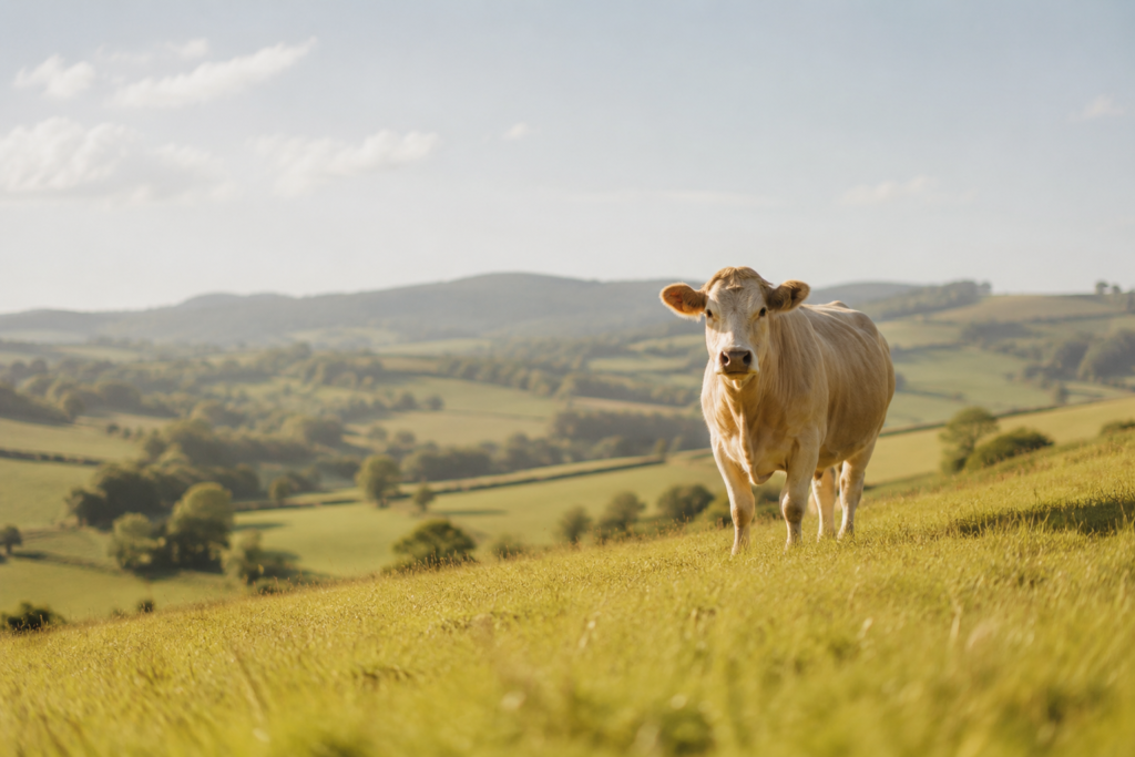 British grass-fed beef cow grazing peacefully on lush green pasture in the UK countryside, representing the natural origin of premium beef tallow skincare by CJTallow.
