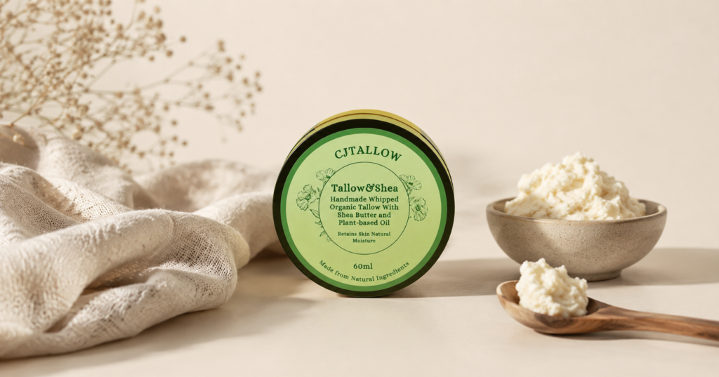 CJTALLOW Tallow & Shea Whipped Balm in a minimalist natural skincare setting with whipped balm, linen and botanical accents