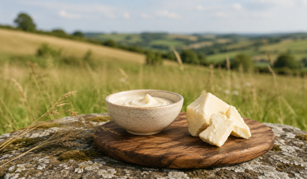 CJTallow British grass-fed tallow skincare with a natural tallow balm and traditional ingredients in a minimalist setting