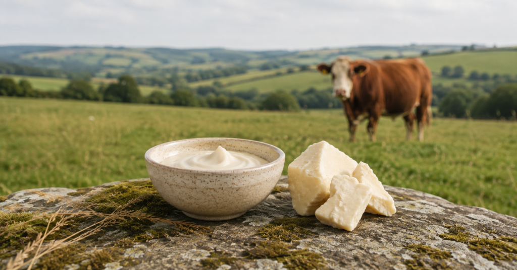 CJTallow beef tallow skincare with a British cow grazing across a green UK countryside landscape