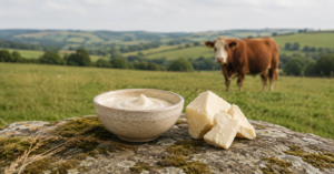 CJTallow beef tallow skincare with a British cow grazing across a green UK countryside landscape