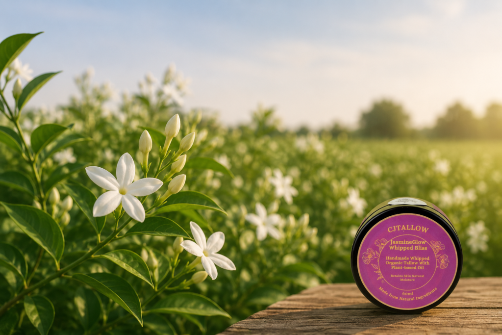 CJTallow Jasmine Tallow Balm in a jar beside fresh white jasmine flowers in a sunlit field