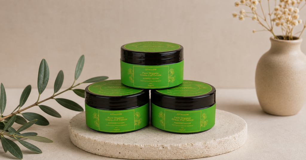 CJTallow Pure Organic Grass-Fed Whipped Tallow Balm jars displayed in a minimalist natural skincare setting