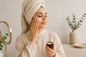 CJTallow minimalist skincare routine with a woman applying moisturiser to her face