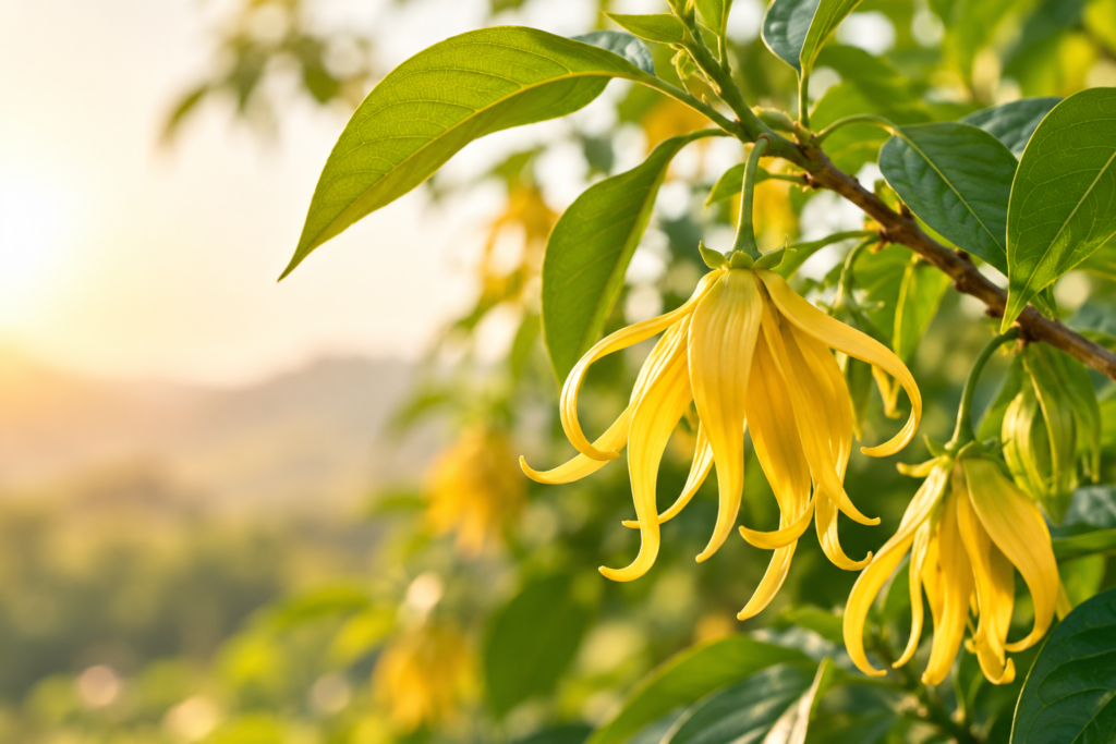 CJTallow ylang ylang skincare featuring golden ylang ylang flowers growing on a tree in a lush natural field