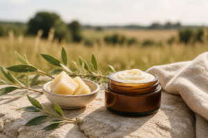 Grass-fed beef tallow skin moisturiser with natural ingredients in a sunlit outdoor setting for healthy, nourished skin.