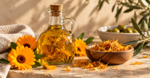 CJTALLOW calendula-infused olive oil with fresh calendula flowers and dried petals for traditional handcrafted tallow soap