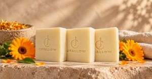 CJTALLOW calendula tallow soap bars with fresh calendula flowers and dried petals in a warm natural skincare setting