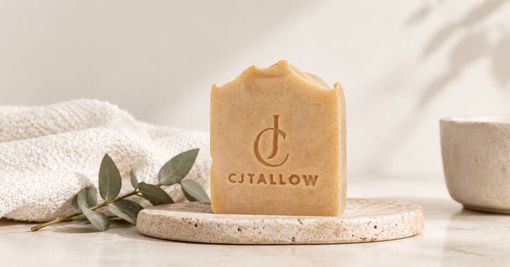 CJTALLOW handmade tallow soap on a natural soap dish with eucalyptus and a soft cotton towel