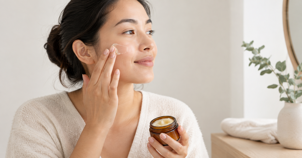 CJTALLOW tallow skincare balm being applied to a woman’s face as part of a simple natural skincare routine