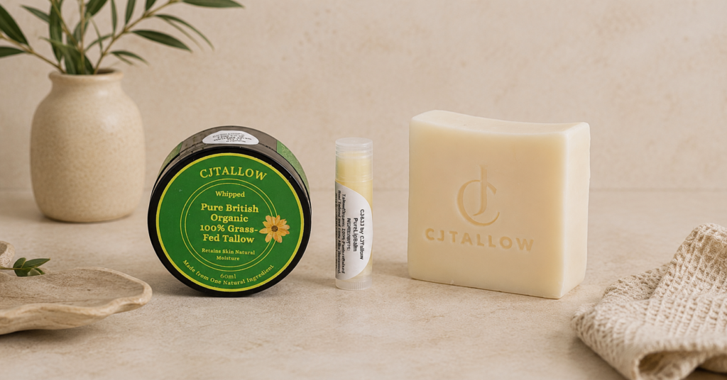CJTallow handcrafted skincare products featuring British grass-fed tallow balm, tallow lip balm and natural tallow soap
