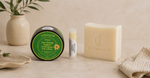 CJTallow handcrafted skincare products featuring British grass-fed tallow balm, tallow lip balm and natural tallow soap