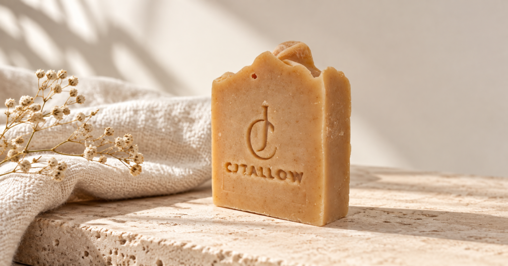 CJTallow natural handcrafted soap bar with a warm golden tone, displayed on travertine stone with soft linen, dried flowers and natural sunlight in a minimalist skincare setting.