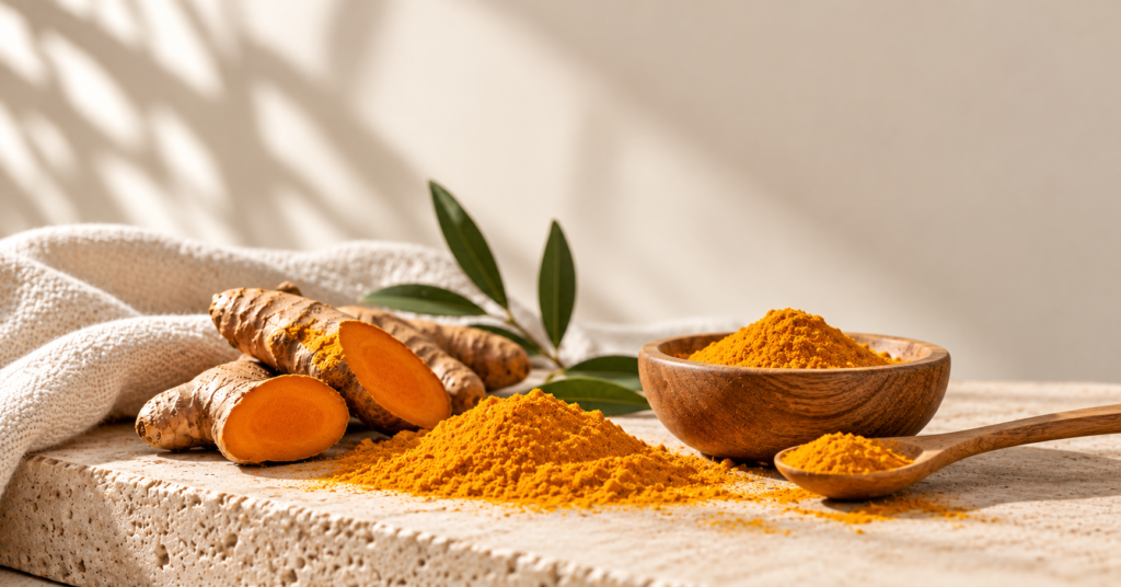 CJTallow turmeric and honey soap ingredients with fresh turmeric roots and golden turmeric powder in a minimalist natural skincare setting.