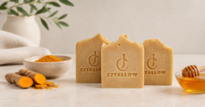 CJTallow Turmeric & Honey Tallow Soap with fresh turmeric and honey in a minimalist natural skincare setting