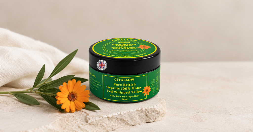 CJTALLOW Pure British Organic 100% Grass-Fed Whipped Tallow Balm in a minimalist skincare setting with natural botanical elements