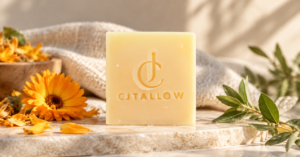 CJTALLOW pure tallow soap bar in a minimalist natural skincare setting, surrounded by calendula flowers, botanical greenery, soft linen and warm sunlight. A premium handcrafted soap made with traditional tallow, presented in a calm, earthy spa-inspired composition.