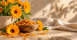CJTALLOW calendula skincare botanical with fresh calendula flowers and dried calendula petals representing traditional natural skincare