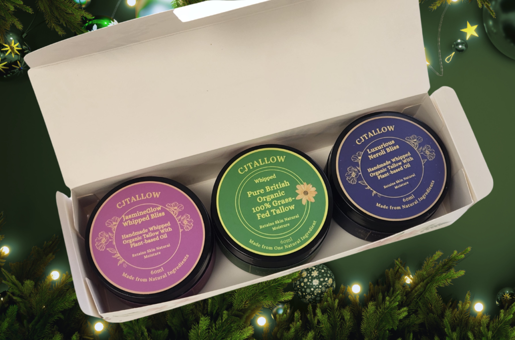 CJTallow Christmas gift set featuring three tallow balms for natural skincare and winter moisturising
