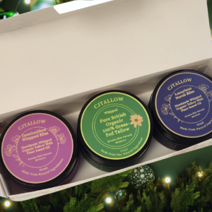 CJTallow Christmas gift set featuring three tallow balms for natural skincare and winter moisturising
