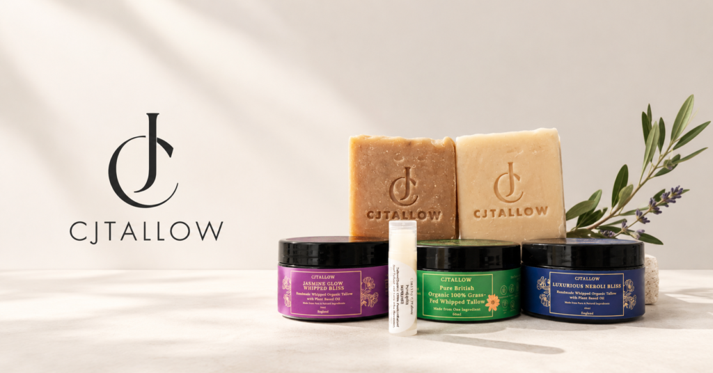CJTALLOW natural tallow skincare products featuring grass-fed beef tallow moisturiser, whipped tallow balms, handmade nourishing soaps and lip balm in minimalist product photography.