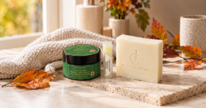 cjtallow natural skincare products featuring whipped tallow balm, tallow lip balm and handmade tallow soap, styled in a warm autumn setting for simple UK seasonal skincare.