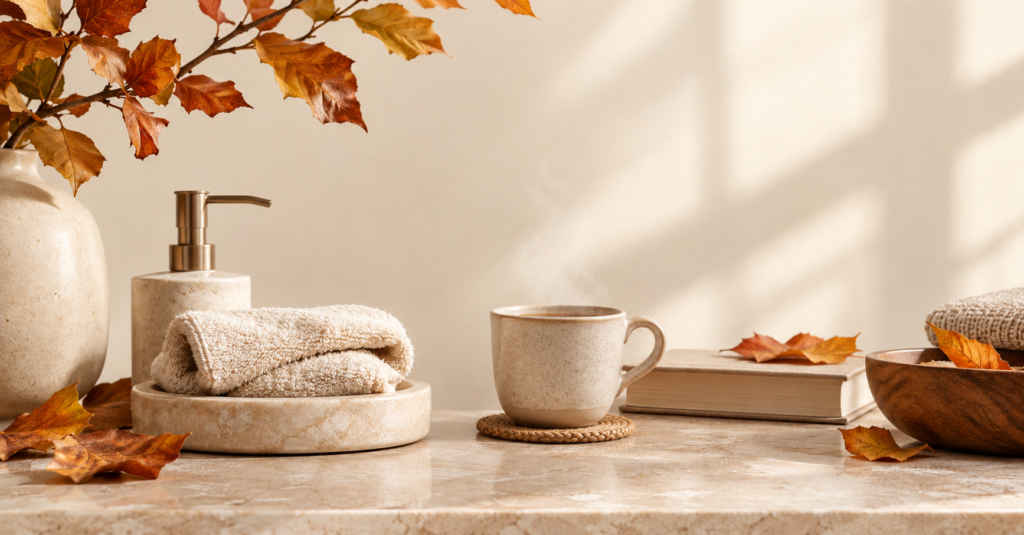CJTALLOW autumn skincare routine inspiration featuring warm neutral bathroom decor, soft cotton towels, autumn leaves, and a cosy, minimalist setting for seasonal skincare.