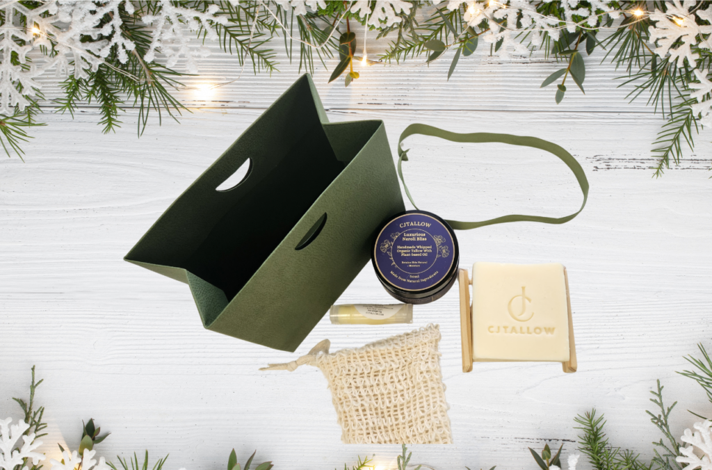 CJTallow Christmas skincare gift set with tallow balm, handmade soap, lip balm, soap bag and soap rack