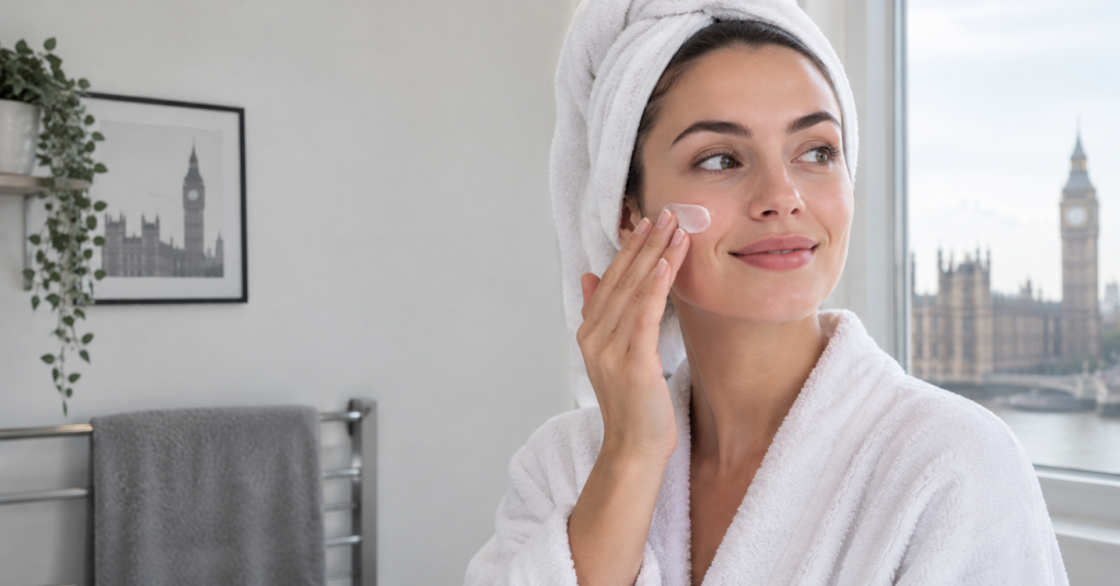 Woman enjoying a minimalist skincare routine in a bright UK-style bathroom, gently applying face moisturizer – CJTallow skincare