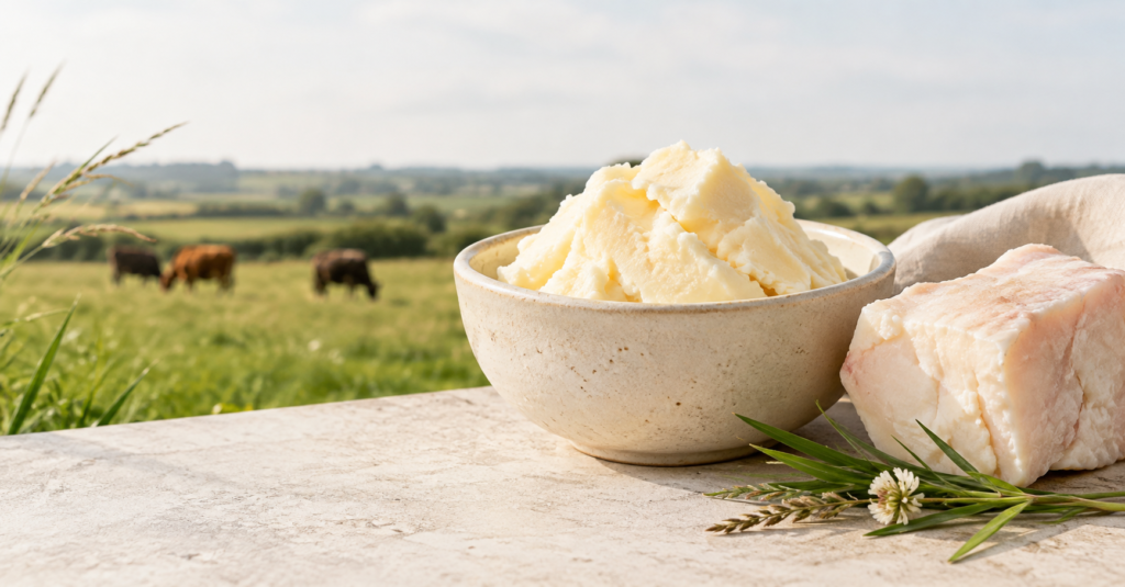 Grass-fed beef tallow in a ceramic bowl with fresh greenery and grazing cattle in a British countryside setting, representing CJTallow's certified organic British tallow skincare ingredients.
