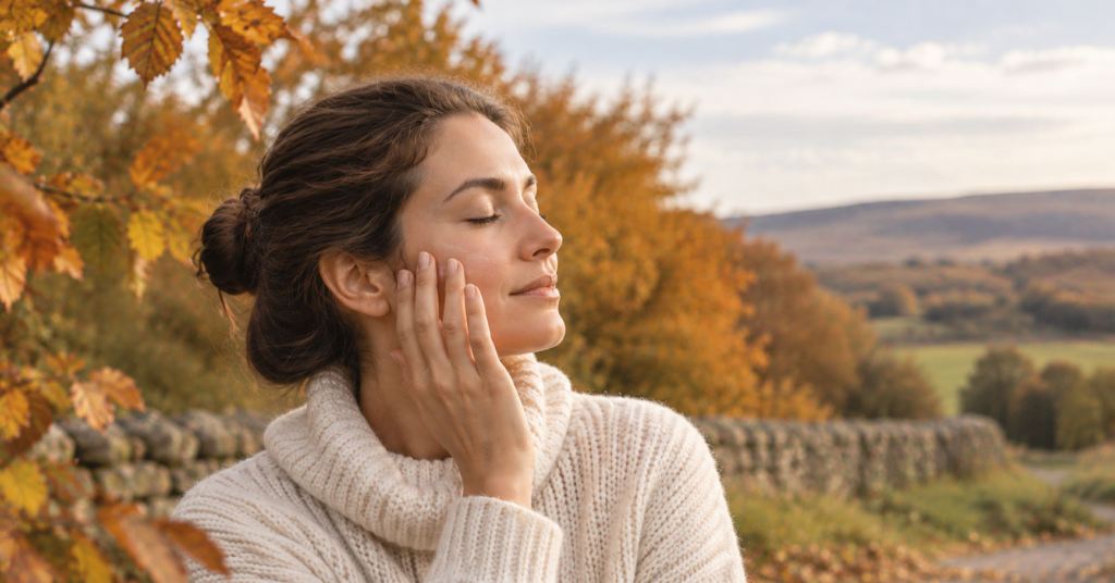 Woman applying moisturiser as part of her autumn skincare routine to help keep skin feeling soft and comfortable, featured on the CJTallow skincare blog.