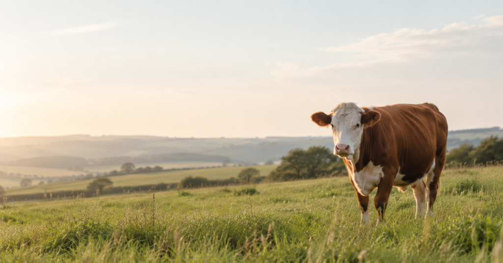 CJTallow tallow skincare inspiration featuring a grass-fed cow in a British green pasture at golden hour.