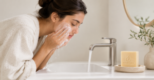 CJTALLOW handmade tallow soap bar on a bathroom sink while a woman washes her face with natural soap.