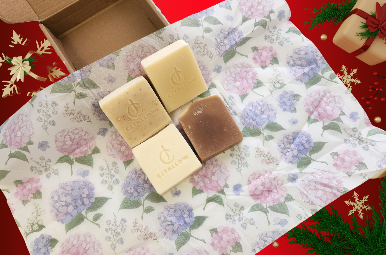 CJTallow Christmas gift set with four handmade cold-process tallow soap bars for natural skincare