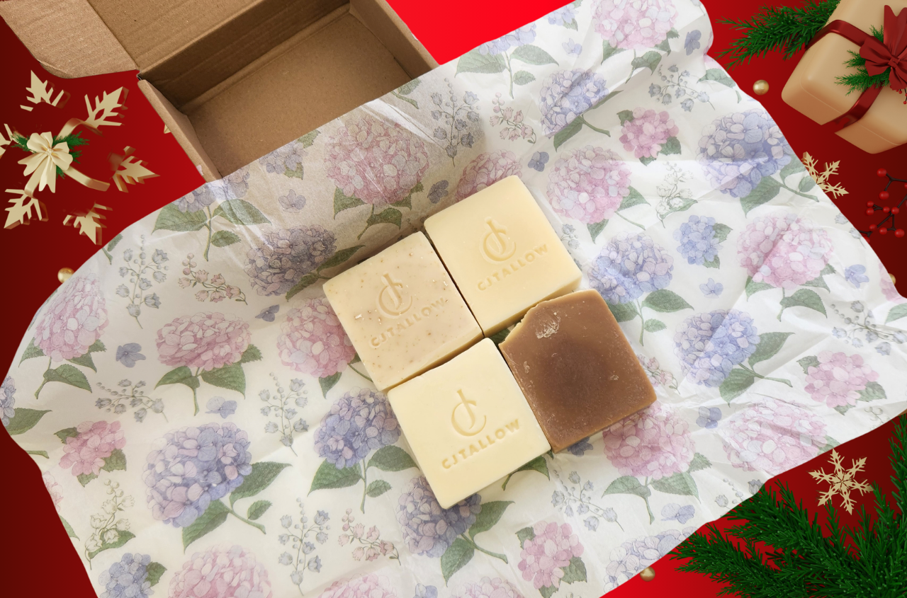 CJTallow Christmas gift set with four handmade cold-process tallow soap bars for natural skincare