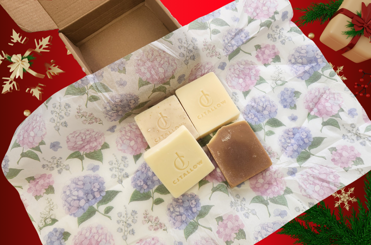 CJTallow Christmas gift set with four handmade cold-process tallow soap bars for natural skincare