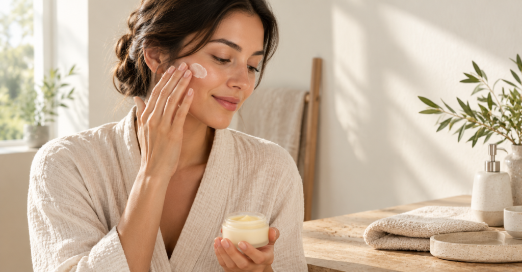Woman applying moisturiser to her face as part of a simple skincare routine, representing CJTallow's approach to minimalist skincare and everyday skin moisturising.