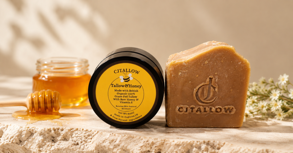 CJTALLOW Tallow & Honey Balm and handmade tallow soap with natural honey, showcasing honey as a traditional skincare ingredient.