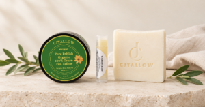 CJTallow tallow skincare products including British grass-fed tallow balm, natural lip balm and handmade tallow soap