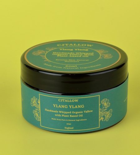 Ylang Ylang-scented whipped organic pasture-raised British tallow by CJTALLOW, enriched with plant-based oils for natural skin hydration.